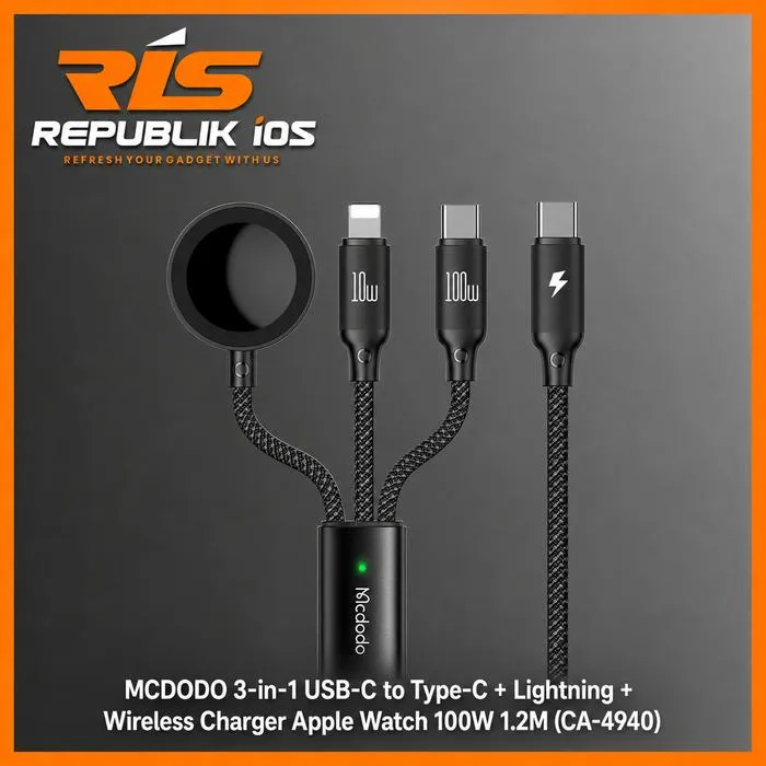 MCDODO Cable 3 In 1 USB Type-C to Type-C + Lightning + Wireless Charger for Apple Watch PD 100W 1.2M Black