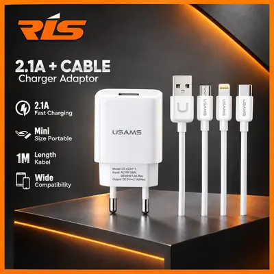 USAMS Charger USB 2.1 A With 3 in 1 Cable Micro+Type C+lightning