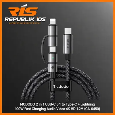 MCDODO Cable 2 in 1 USB Type-C 3.1 to Type-C 3.1 + Lightning 100W Fast Charging Audio Video 4K HD 1.2M