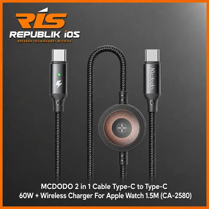 MCDODO 2 in 1 Cable Type-C to Type-C Fast Charging 60W + Wireless Charger for Apple Watch 1.5 Meter