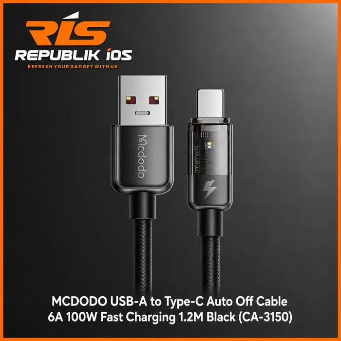 MCDODO 100W USB-A to Type-C Auto Off Cable 6A Fast Charging 1.2M Black