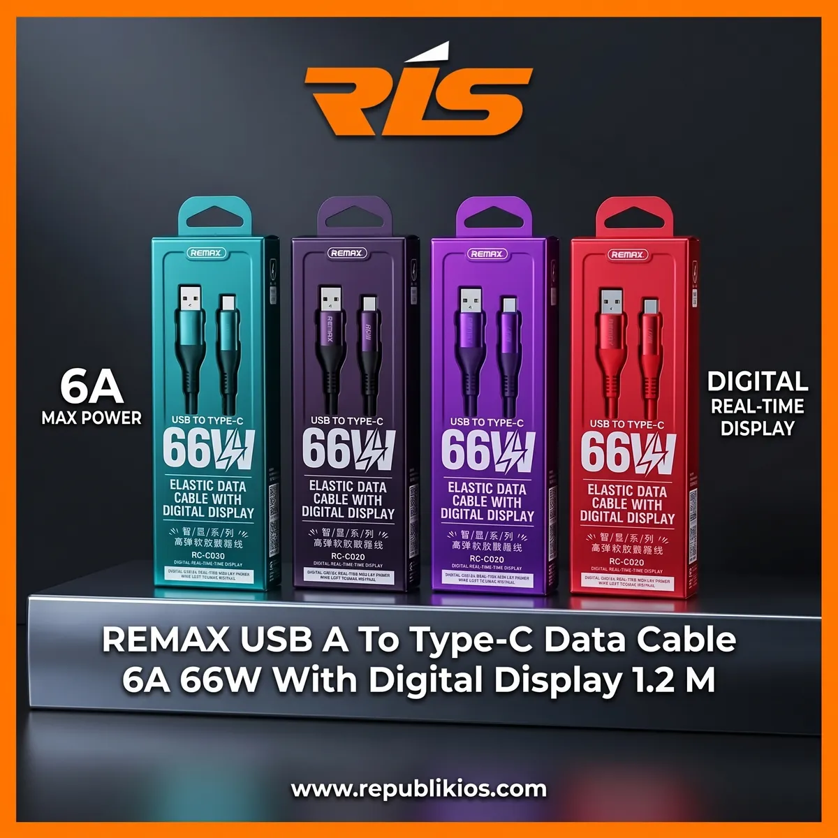 Remax USB A To Type-C Data Cable 6A 66W With Digital Display 1.2 METER