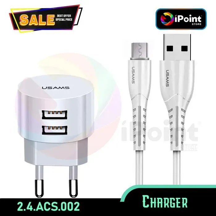 USAMS TRAVEL CHARGER 2.1 A ADAPTOR DUAL PORT+CABLE SET WHITE