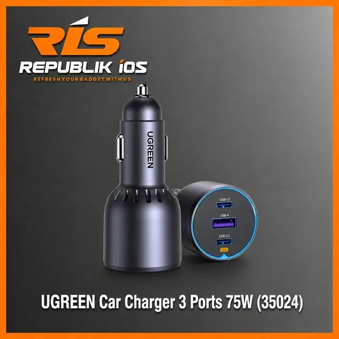 UGREEN 75W Car Charger Dual USB TYPE C + USB A QC PD 3.0 Super Fast Charging 3 Port Output