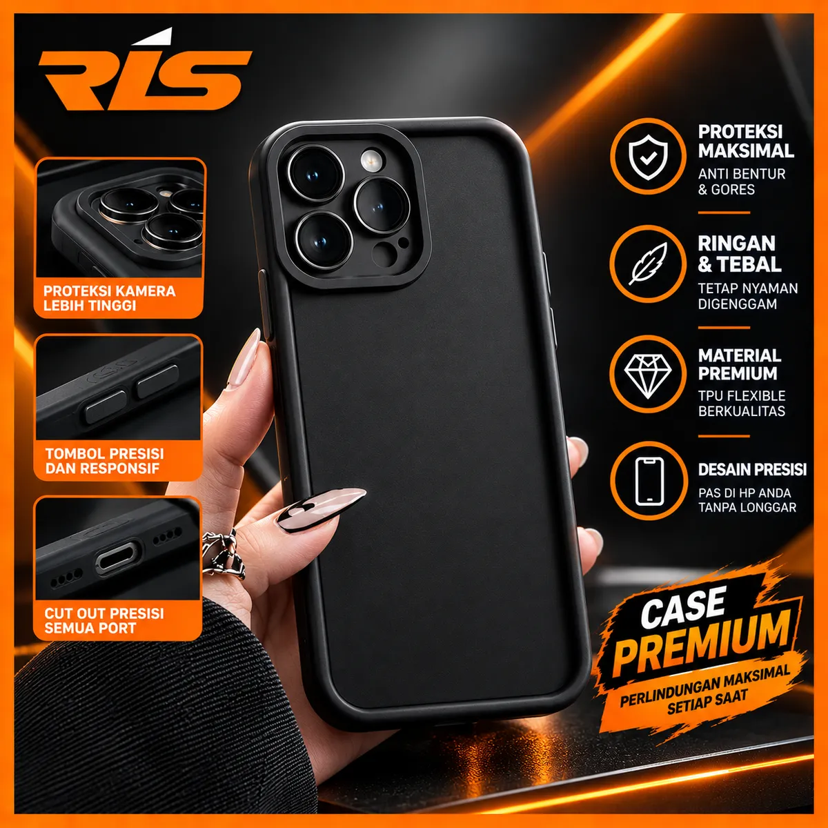 Case iPhone Bahan Soft Silicone Dengan Camera Protection Dan Anti Falling Case - Black