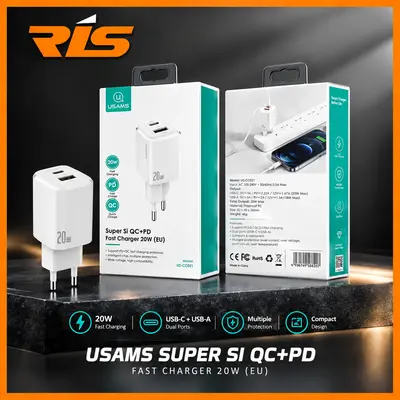 USAMS CHARGER T37 DUAL PORT ( SUPER SI USB A QC3.0 + PD TYPE C 20W )