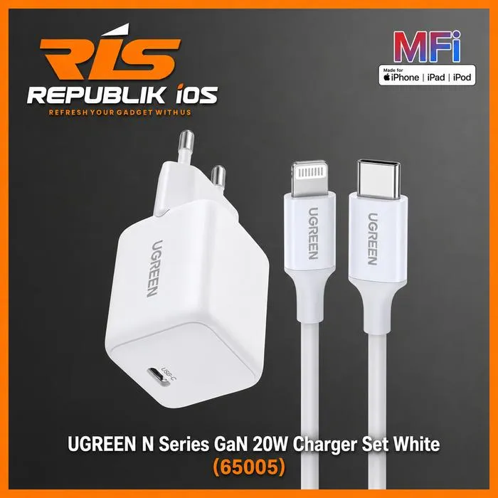 UGREEN 20W Charger 1 Set Nexode GaN N-Series Fast Charger PD Adaptor Kepala Plus Kabel MFI C to Lightning 1 Meter