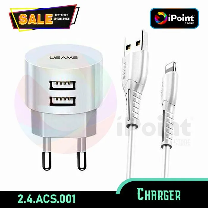 USAMS TRAVEL CHARGER 2.1 A ADAPTOR DUAL PORT+CABLE SET WHITE
