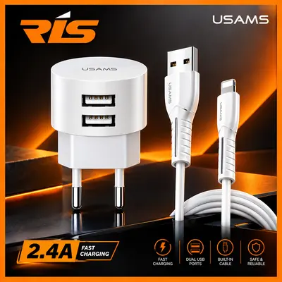 USAMS TRAVEL CHARGER 2.1 A ADAPTOR DUAL PORT+CABLE SET WHITE