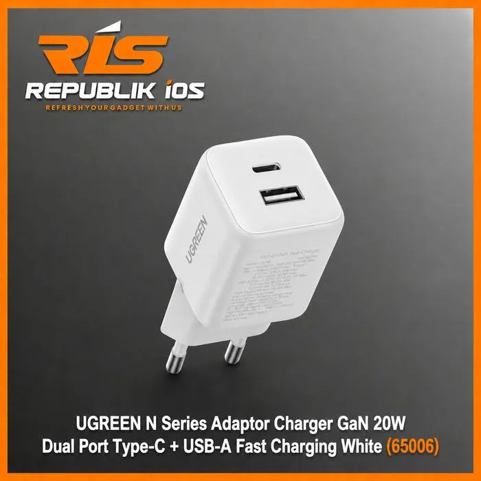 UGREEN 20W N Series Adaptor Charger GaN Dual Port Type-C + USB-A Fast Charging White