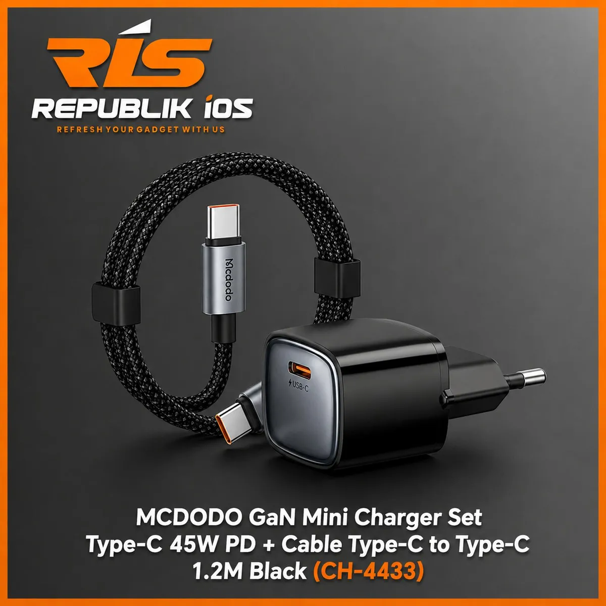 MCDODO 45W GaN Mini Charger Set Type-C PD + Cable Type-C to Type-C 1.2M Black