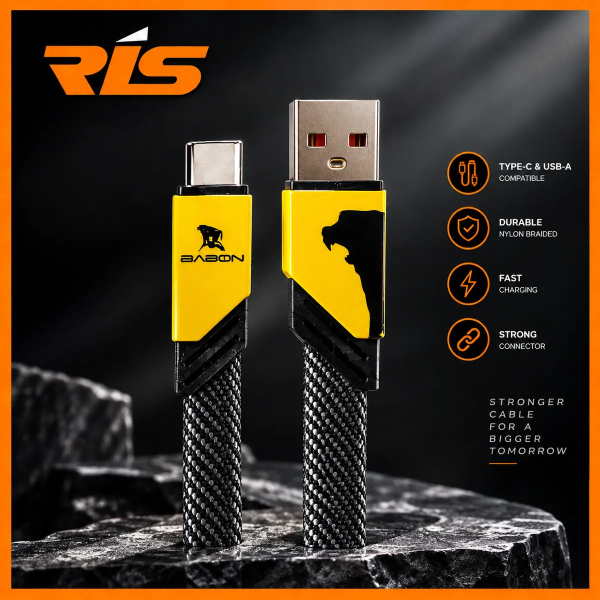 BABON Fiber Nylon Braided Cable Super Charge With Zinc Alloy Material Best Japan Quality Product - 1 Meter
