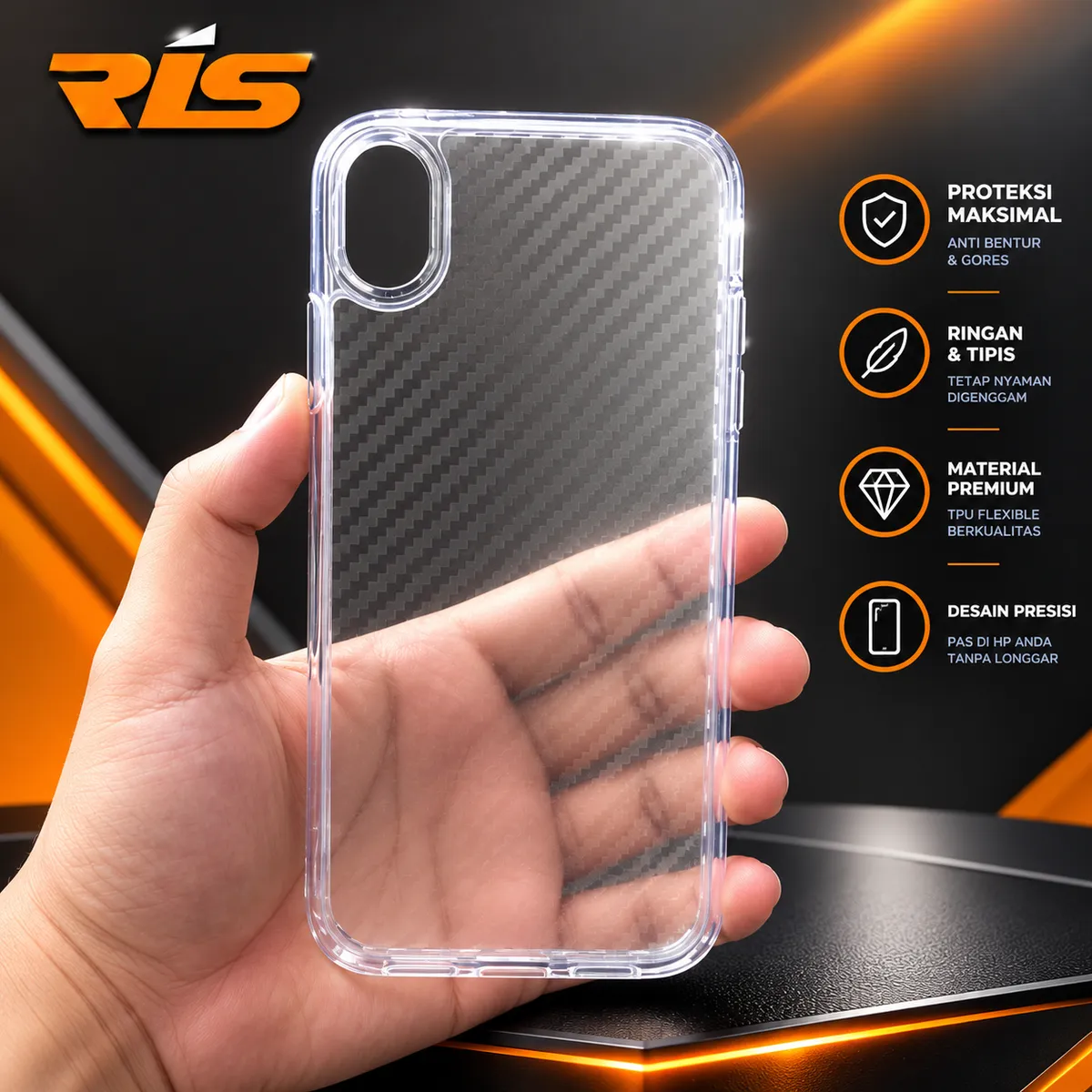 Case iPhone 6 - 12 Series Silicone Bening / Clear Back Motif Carbon