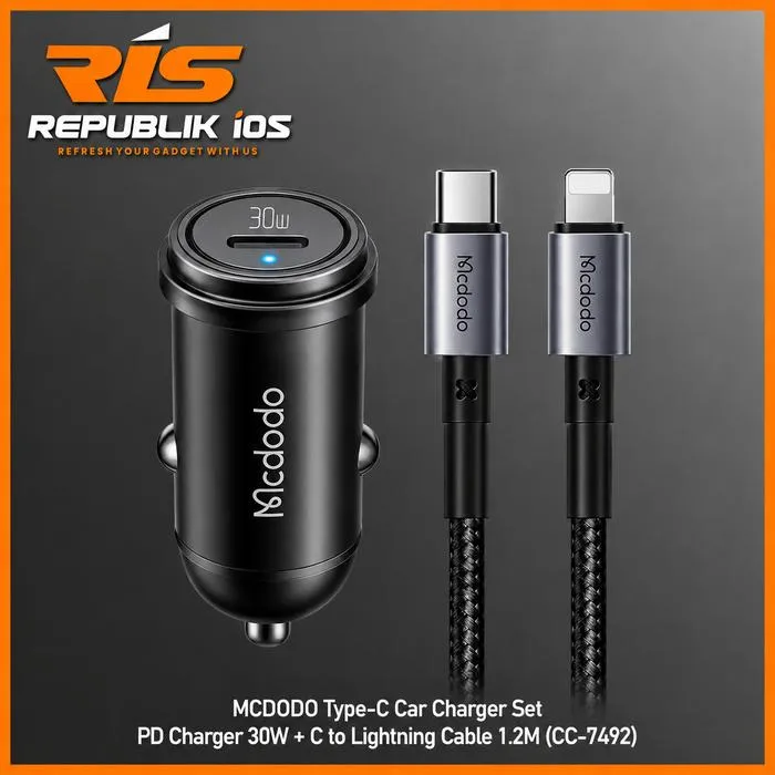 MCDODO 30W Type-C Car Charger Set PD Charger 3 + C to Lightning Cable 1.2M