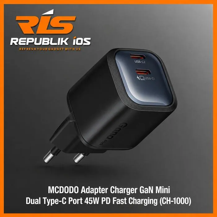MCDODO Adapter Charger GaN Mini Dual Type-C Port 45W PD Fast Charging Black