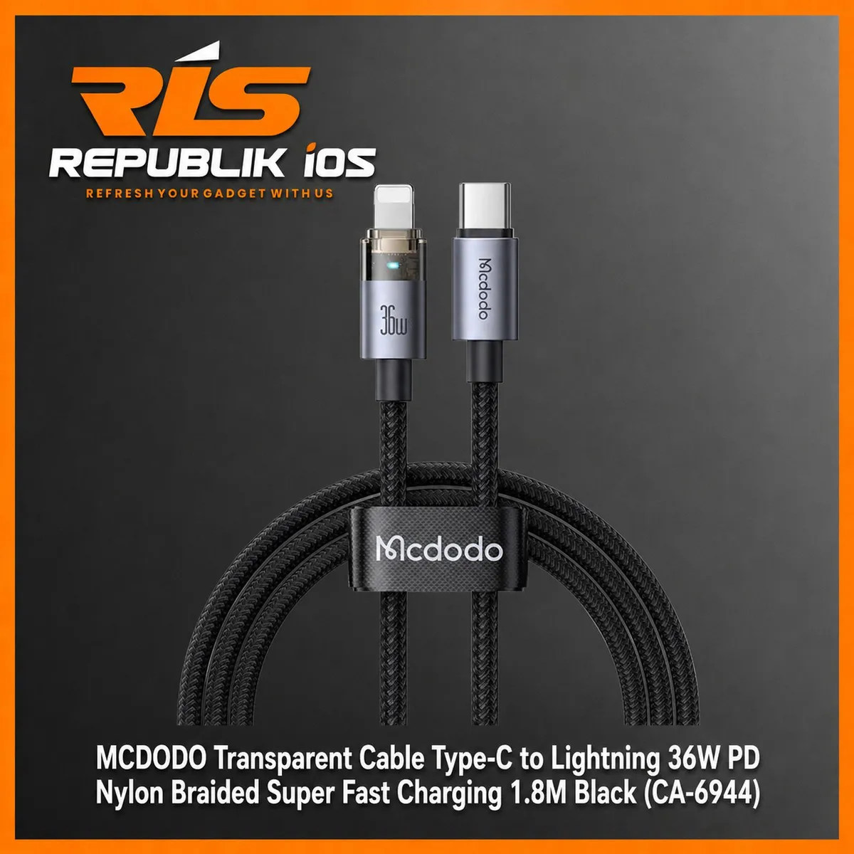 MCDODO 36W Transparent Cable Type-C to Lightning PD Nylon Braided Super Fast Charging 1.8M Black