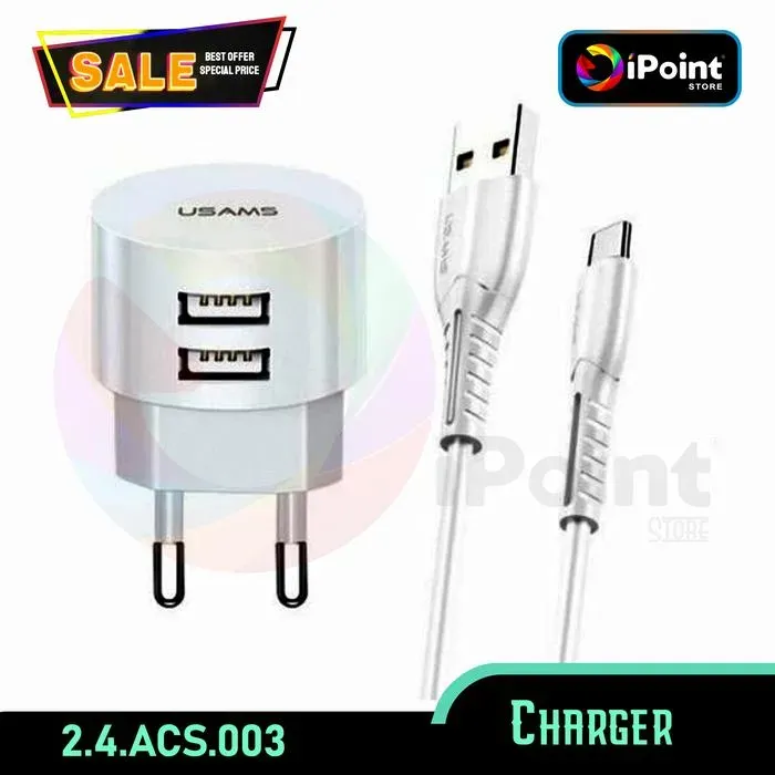 USAMS TRAVEL CHARGER 2.1 A ADAPTOR DUAL PORT+CABLE SET WHITE
