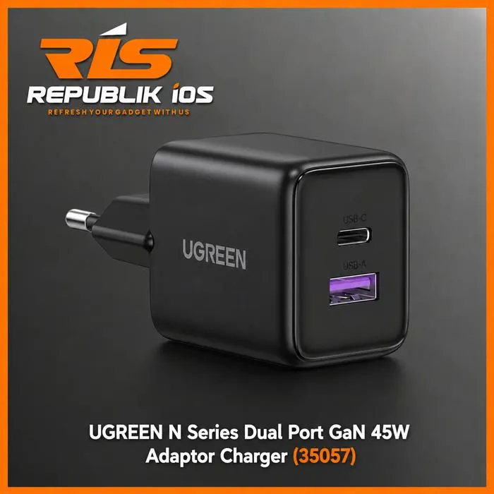 UGREEN 45W Kepala Charger 2-Port Type C + USB A SuperFast Charging GaN N Series PD QC Black